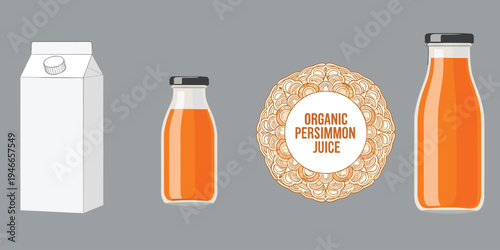 Organic persimmon juice packaging illustration featuring carton box, small glass bottle, large bottle, and ornate decorative label design for beverage branding