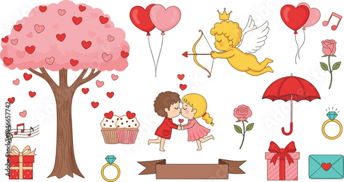 Whimsical Valentine’s Day illustration featuring love tree, kissing couple, cupid, heart balloons, cupcakes, roses, gifts, rings, and romantic decorative elements.