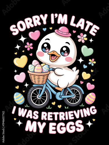 A cute cartoon duck rides a bicycle, carrying colorful eggs in its basket.