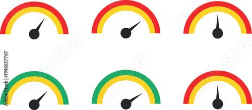 Colorful gauge or speedometer icons used to visualize data such as performance, risk levels, or internet speed. 