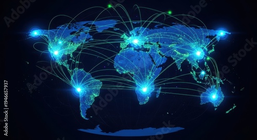 World map with bright connecting lines and glowing nodes depicting international flight routes or global telecommunications
