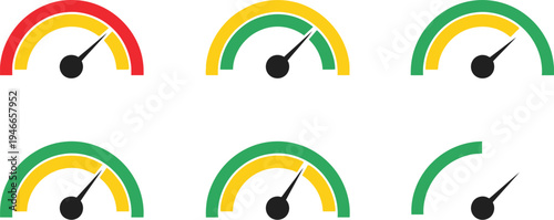 Colorful gauge or speedometer icons used to visualize data such as performance, risk levels, or internet speed. 