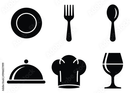 Silhouette icons including plate, fork, spoon, dish cover, chef hat, and wine glass, vector graphics for hospitality