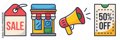 Sale announcement and retail business icon pack – Suitable for digital storefronts, e-commerce, or advertising.