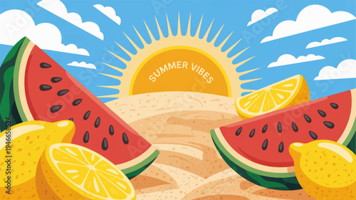 Vibrant summer illustration of watermelon slices and lemons on a sandy beach with a sunny sky and clouds evoking feelings of refreshment and happiness