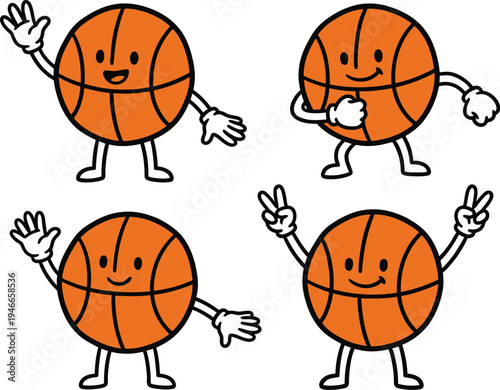 Cartoon basketballs with different gestures and smiling faces