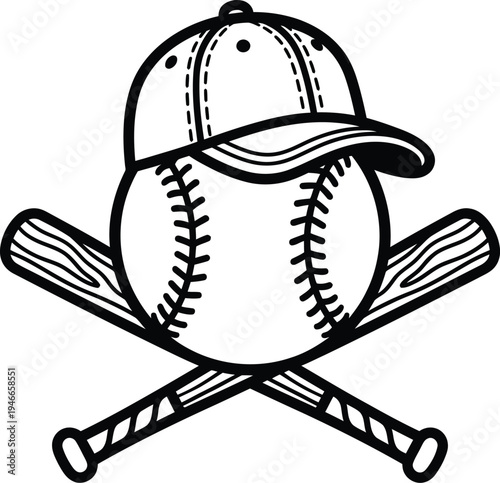 Vector graphic illustration of baseball cap, ball, and crossed bats