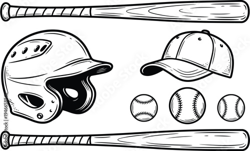 Vector illustration of baseball equipment including bats, a helmet, a cap, and baseballs