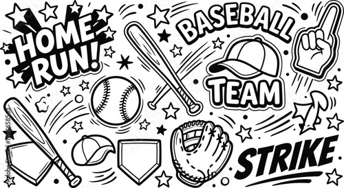 Vector illustration of baseball themed graphic design with text and sports equipment