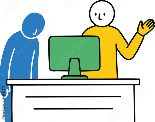 Two people standing at a desk with a computer monitor