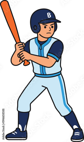 Baseball player in a batting stance with an orange bat and blue uniform