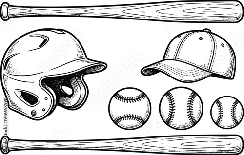 Vector illustration of baseball equipment including bats, balls, helmet, and cap