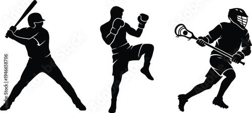 Silhouette illustrations of athletes playing baseball, boxing, and lacrosse sports