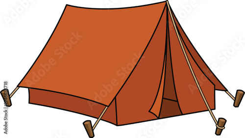 Brown tent with wooden stakes on a white background illustration