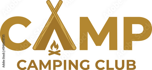 Golden camping club logo with tent and campfire design elements