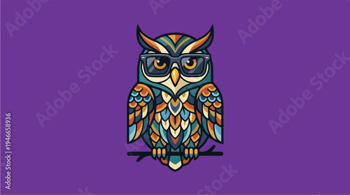 A stylized owl wearing glasses sits on a branch against a purple background.