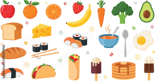 Healthy Food and Fast Food Icon Set with Fruits, Sushi, Bread, Soup, Pancakes, Taco, Ice Cream, and Breakfast Meal Illustration