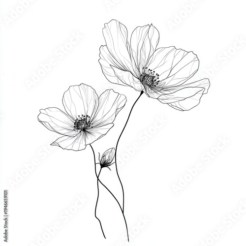 Two flowers with delicate lines and simple design showing a close-up view of their shapes and structures