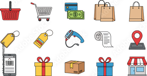 Retail Shopping and Ecommerce Icon Set with Cart, Barcode Scanner, Gift Box, Shopping Bags, Receipt, Storefront, and Online Payment Elements