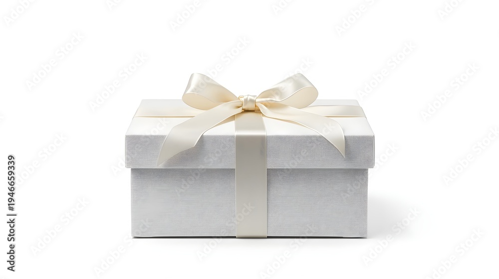 Fototapeta premium Minimalist white luxury gift box with soft satin ribbon bow, elegant premium packaging isolated on white background.