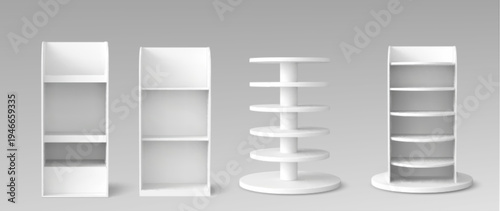 White book shelf, retail display stand mockup for supermarket products, 3d realistic vector illustrations. Empty wooden shelf rack for point-of-sale advertising, store gondola template isolated on bg