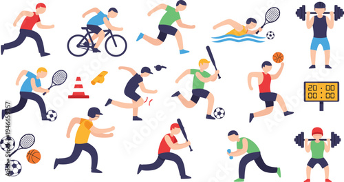 Sports Activity Illustration Set with Running, Cycling, Swimming, Tennis, Basketball, Soccer, Weightlifting, and Fitness Training Characters