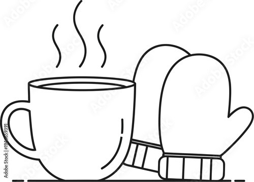 Vector graphic illustration of a steaming hot beverage cup with a mitten