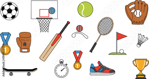 Sports Equipment Icon Set with Soccer Ball, Basketball Hoop, Tennis Racket, Cricket Bat, Skateboard, Medal, Trophy, and Athletic Game Elements