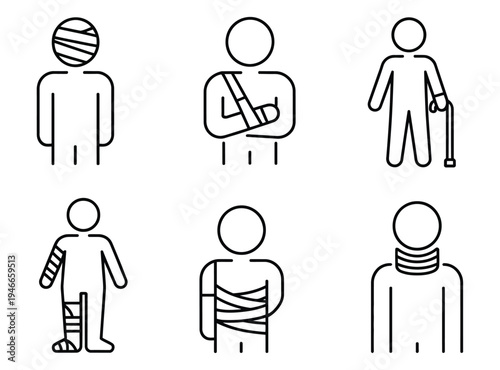 Simple medical icon set depicting injured figures with bandages and crutches, vector illustrations for healthcare, first aid, patient care, hospital signage