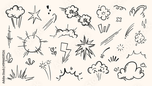 Dynamic comic book action emphasis with explosive cartoon effects, vector set isolated on white. Super hero power line icons, motion burst elements, doodle manga illustrations, anime pattern