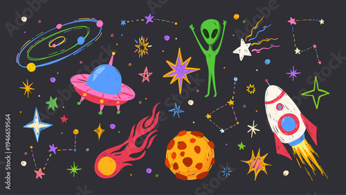 Color chalk pattern with planets and space rockets on black background. Vector cartoon illustration of crayon doodle stars, alien spacecraft, comets flying with burning tails, kid galaxy design