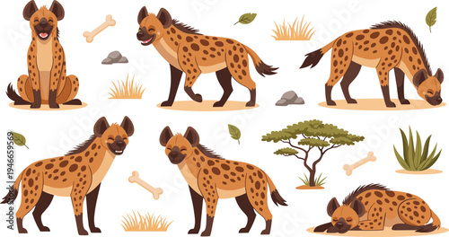 Spotted Hyena Character Set with Standing, Walking, Sitting, and Sleeping Poses with Savanna Grass, Bones, and African Wildlife Elements