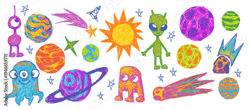 Set of childish crayon space objects and aliens isolated on white background. Vector cartoon illustration of funny chalk Earth, doodle stars, alien creatures and spacecraft, comets with burning tails