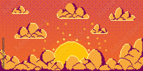 Pixel art orange sky with yellow fluffy clouds and sun. Retro 8-bit game illustration, vector cartoon background. Bright sunset atmosphere for arcade video adventures, mosaic texture