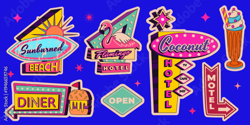 Vintage neon bar and motel signs with retro arrows and glowing lights. Vector cartoon illustration of classic American roadside signage set, vibrant nostalgic beach hotel, diner signboard collection