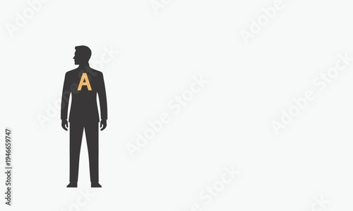 Minimalist silhouette of a professional businessman with a glowing letter A on chest, metaphor for A-player talent, top performance and leadership in HR recruitment.