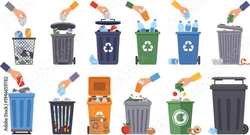 Waste Sorting and Recycling Bin Illustration Set with Hands Throwing Trash, Plastic Bottles, Paper, Organic Waste, and Garbage Separation for Environmental Protection