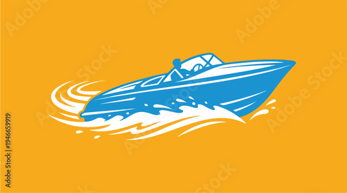 Blue Speedboat Cutting Through Water on Orange Background.