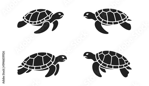 Turtle Silhouette Vector Set, detailed shell designs in various swimming poses, black and white nature illustration for wildlife