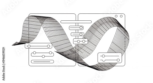 Abstract line art rendering of data flow with a wavy grid and user interface elements on white