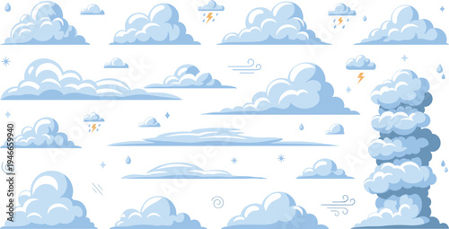 Cartoon Cloud and Weather Element Set with Rain, Thunderstorm, Wind, and Sky Cloud Shapes for Climate, Forecast, and Nature Illustration