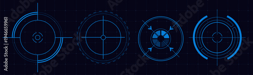 Futuristic hud circles with glowing digital frame, neon target interface, abstract vector illustrations isolated on background. High tech game screen elements for sci-fi design projects