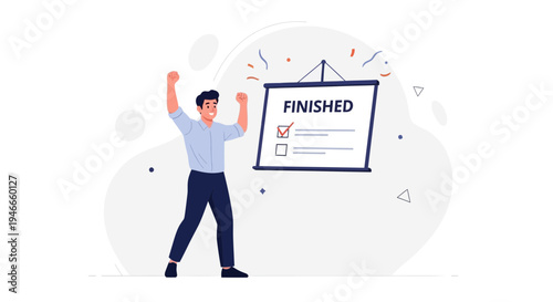 Man celebrating success with finished checklist on whiteboard, confetti, achievement concept