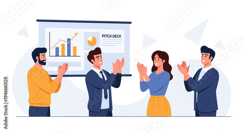 Business team applauding successful pitch deck presentation with charts