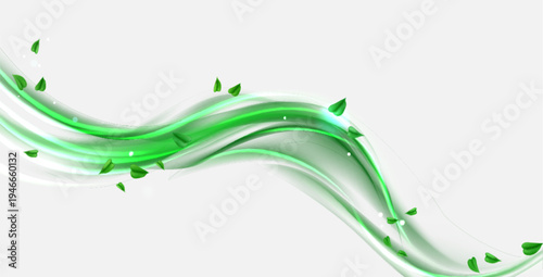 Fresh green leaves swirling in dynamic air flow with mint energy trails, abstract wind patterns. Realistic vector background with natural spring dynamic motion, clean botanical design