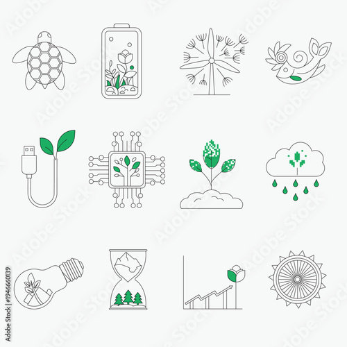 Sustainable energy and eco innovation line icons set, green technology metaphors with wind turbine dandelion, solar panel turtle, hourglass forest and ESG business symbols.