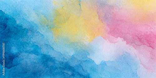Abstract Watercolor splash creating a soft colorful dreamy background, blends of blue, yellow, and pink hues dance across the canvas, reminiscent of clouds or gentle waves.