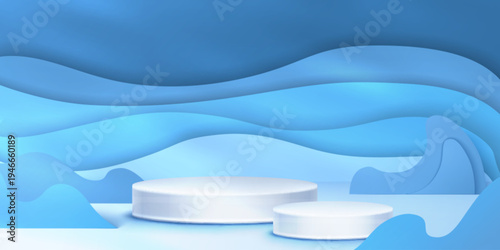 Two round podiums on blue papercut water wave background. Vector realistic illustration of empty white platforms for product presentation, abstract 3D water splash layers, summer beach resort scene