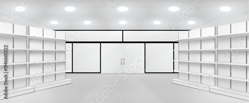 Shopping mall aisle with shelf mockup for branding. Vector realistic illustration of supermarket interior, empty shelves and glass entrance door, retail shop white racks for product presentation