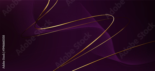 Abstract premium burgundy background with gold ribbon waves, realistic vector. Flowing golden line curves with metallic shine effect. Bright elegant backdrop, award banner or invitatio design